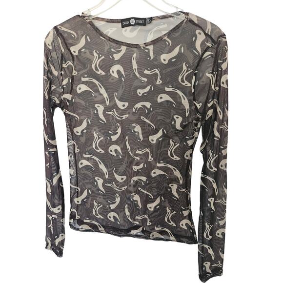 Daisy Street Multicolor Sheer Long Sleeve Yin Yang Top sz US 6 UK 10 Retro Basic - Picture 1 of 4